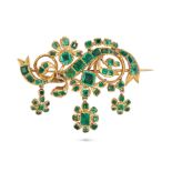 A FINE ANTIQUE EMERALD BROOCH, LATE 18TH CENTURY in yellow gold, the scrolling brooch in foliate ...