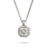 A DIAMOND PENDANT NECKLACE in 18ct white gold, set with an Asscher cut diamond of 1.05 carats wit...