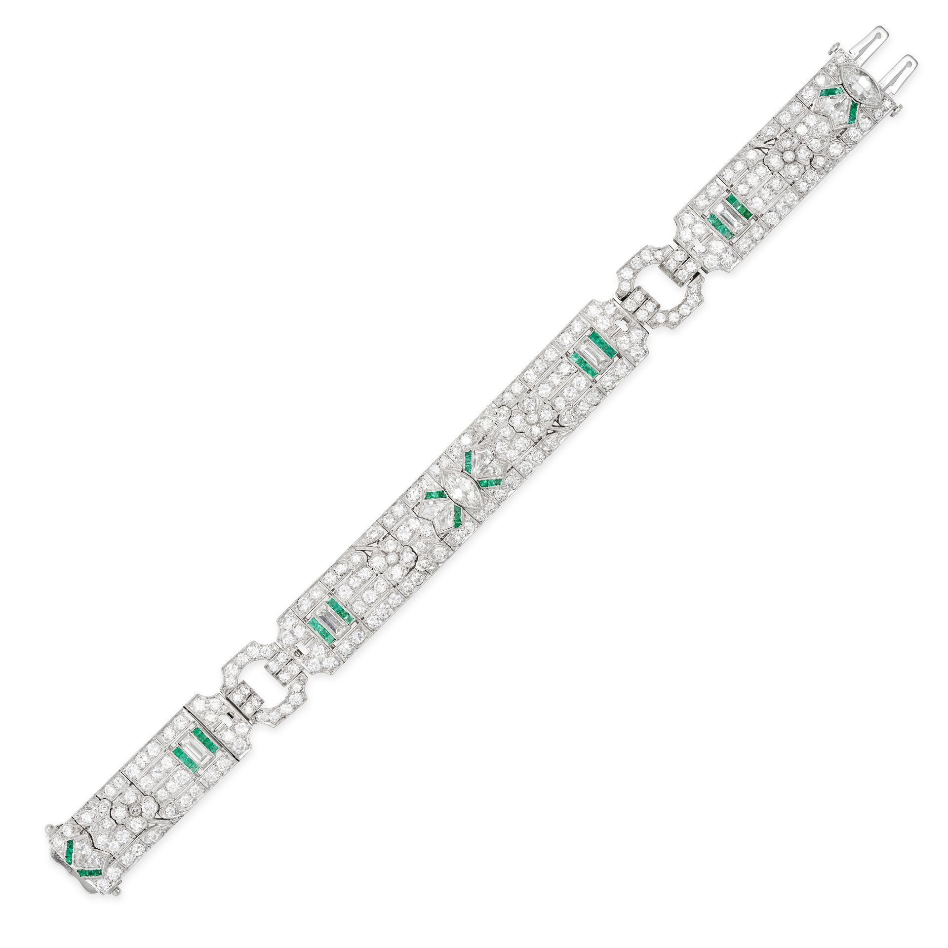 AN ART DECO EMERALD AND DIAMOND BRACELET in platinum, comprising three geometric plaques in folia...