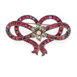 AN ANTIQUE RUBY, SPINEL AND DIAMOND BOW BROOCH, CIRCA 1800 in yellow gold and silver, designed as...