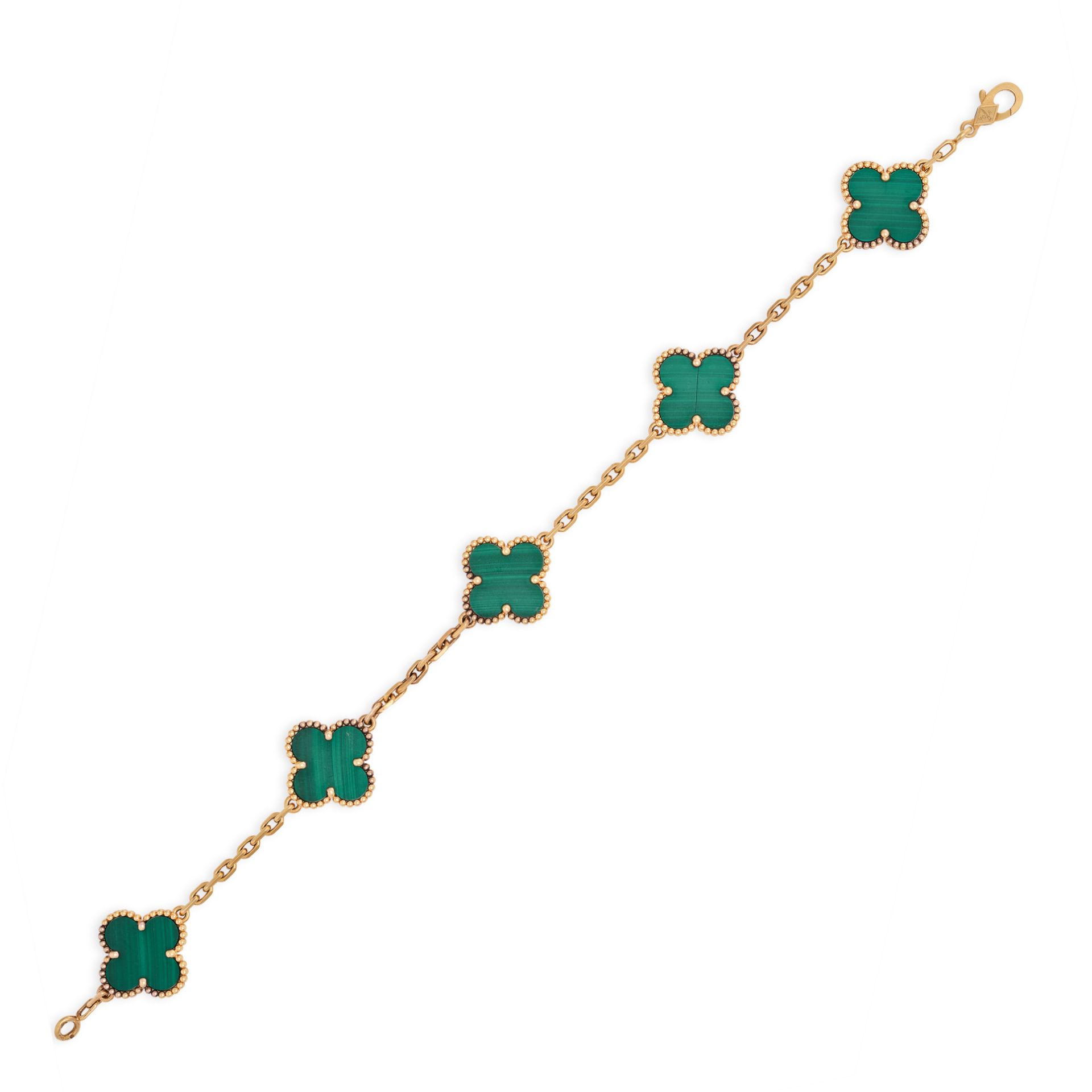 VAN CLEEF & ARPELS, A MALACHITE VINTAGE ALHAMBRA BRACELET in 18ct yellow gold, comprising five qu...