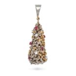 CHARLES DE TEMPLE, A MODERNIST RUBY AND DIAMOND PENDANT in 18ct white and yellow gold, the openwo...