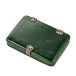 AN ANTIQUE NEPHRITE, DIAMOND AND EMERALD BOX the hinged box comprising polished nephrite, accente...