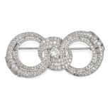 AN ART DECO FRENCH DIAMOND DOUBLE CIRCLE BROOCH in platinum, designed as two interlocking open ci...