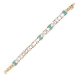 A DIAMOND AND TURQUOISE BRACELET in 18ct yellow gold, comprising a curb link bracelet with the wo...