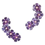 A PAIR OF DIAMOND AND TITANIUM FLOWER CUFF EARRINGS in 18ct yellow gold, each comprising a row of...