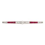 A FINE ANTIQUE BURMA NO HEAT RUBY AND DIAMOND BAR BROOCH in 18ct yellow gold and platinum, set wi...