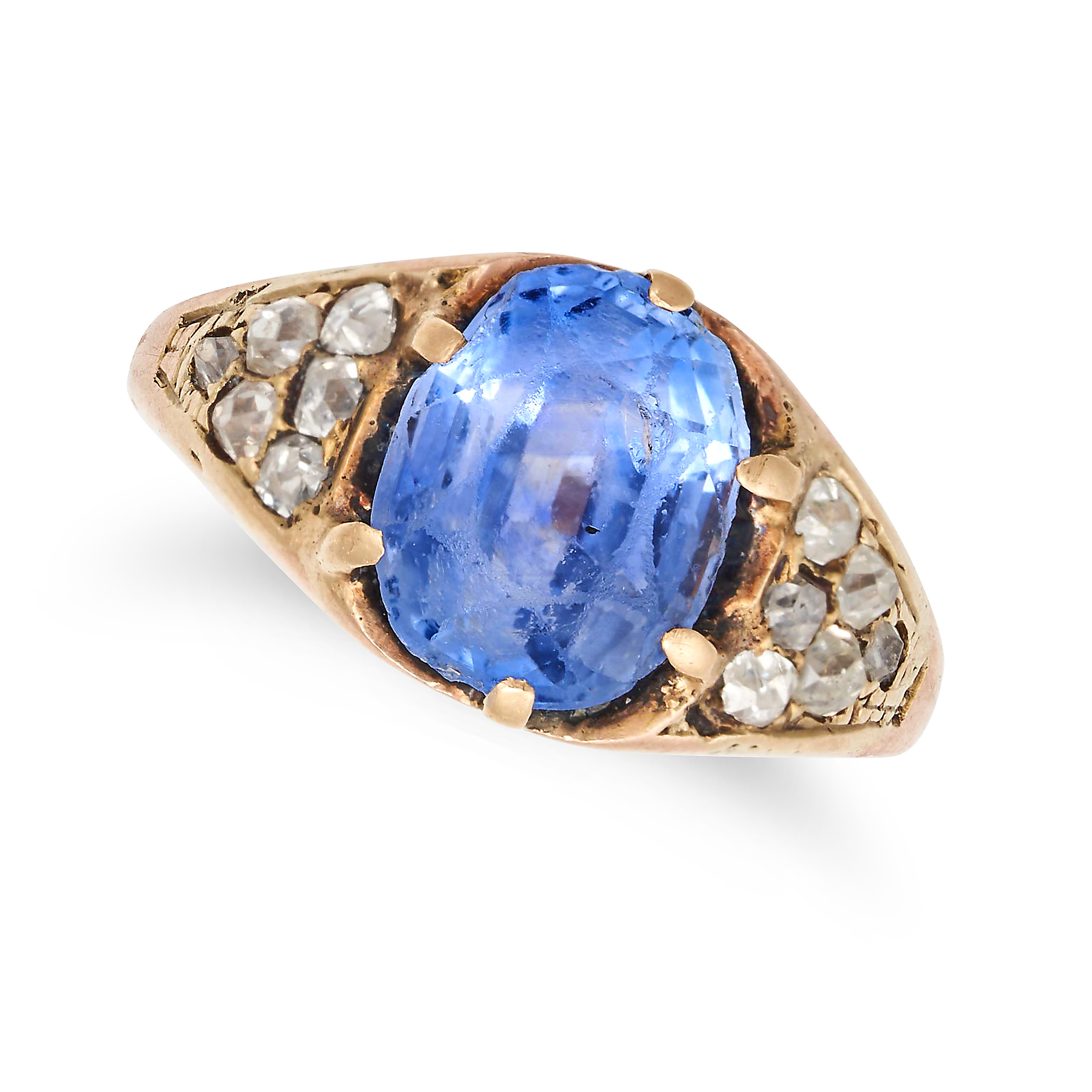 A SAPPHIRE AND DIAMOND RING in yellow gold, set with a cushion cut sapphire of approximately 3.32...