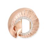 CARTIER, A VINTAGE DIAMOND BROOCH in 14ct rose gold, in scrolling design accented by a row of sin...