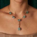 AN ANTIQUE AQUAMARINE AND DIAMOND NECKLACE the fancy link chain set with six cushion cut aquamari...