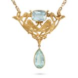 AN ART NOUVEAU FRENCH AQUAMARINE PENDANT NECKLACE in 18ct yellow gold, the openwork pendant desig...