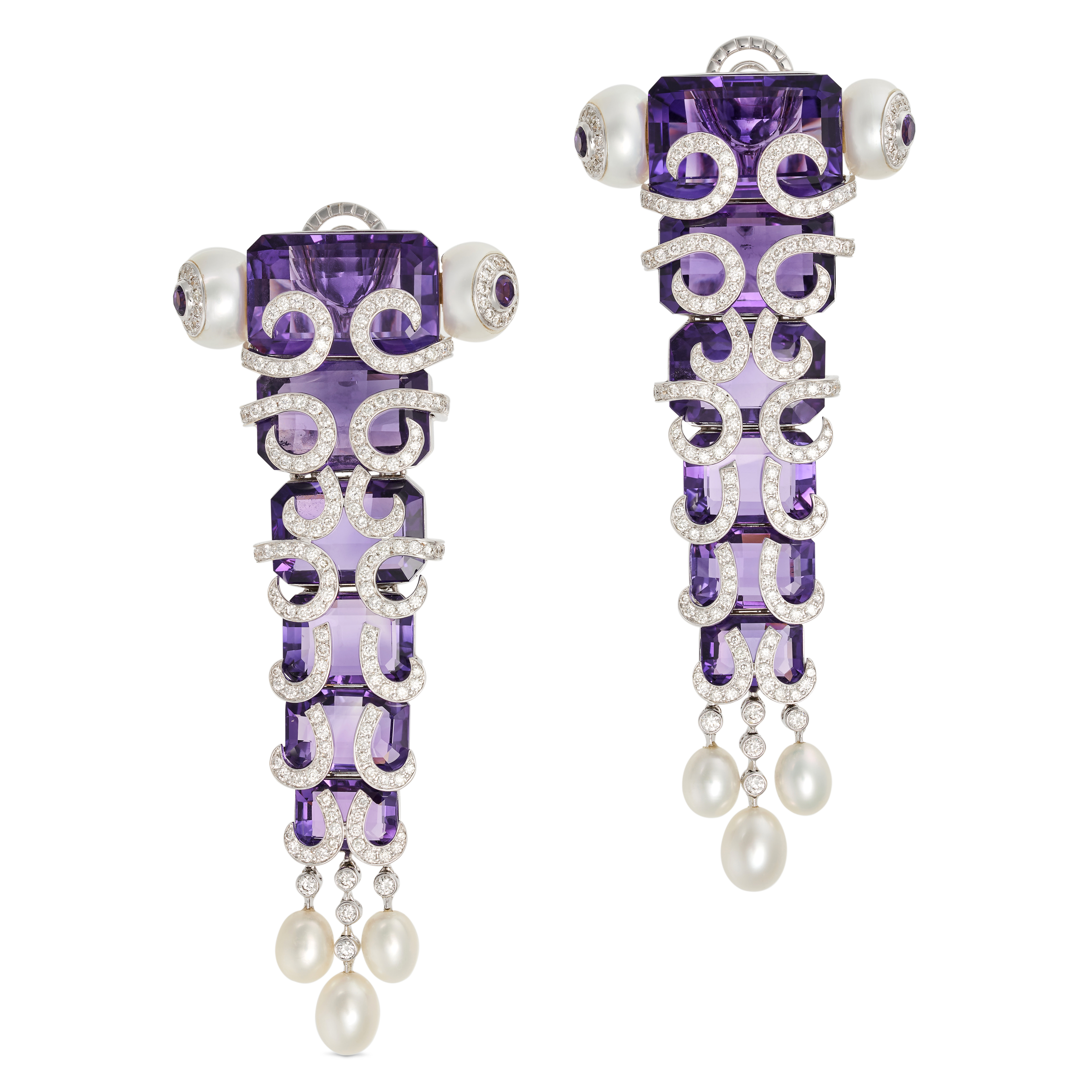 A PAIR OF AMETHYST, DIAMOND AND PEARL EARRINGS in 18ct white gold, each set with a graduated line... - Image 2 of 2