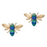 A PAIR OF CHALCEDONY, LAPIS LAZULI AND DIAMOND BEE EARRINGS in 14ct yellow gold, the bodies set w...