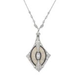 A FINE BELLE EPOQUE DIAMOND, PEARL AND ONYX PENDANT NECKLACE in 18ct white gold, the tapering pen...