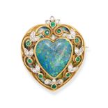 TIFFANY & CO, AN EXQUISITE ANTIQUE OPAL, DIAMOND, EMERALD AND ENAMEL HEART BROOCH / PENDANT in ye...