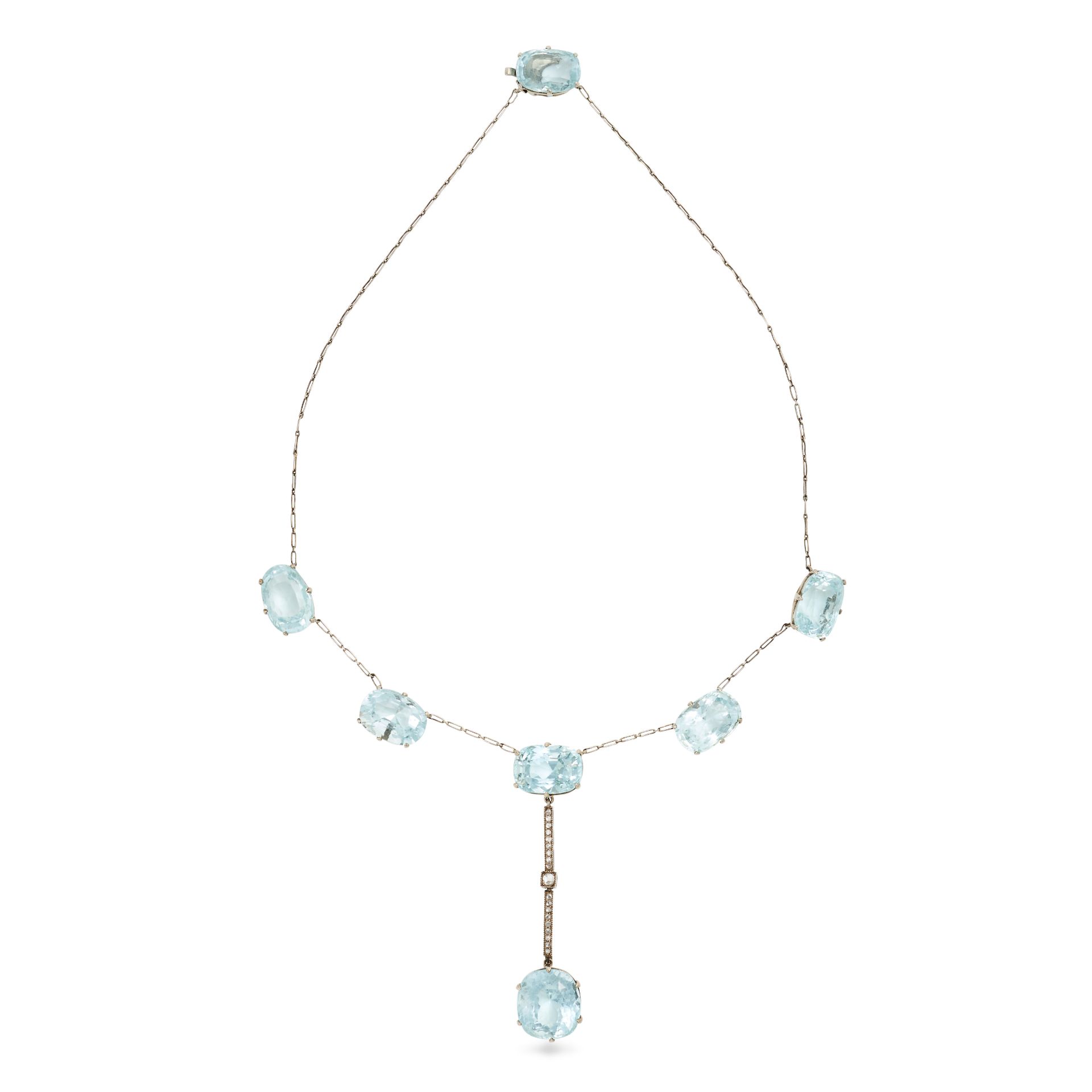 AN ANTIQUE AQUAMARINE AND DIAMOND NECKLACE the fancy link chain set with six cushion cut aquamari... - Image 3 of 3