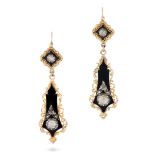 A PAIR OF ANTIQUE DIAMOND AND ENAMEL DROP EARRINGS in yellow gold, each comprising a rose cut dia...