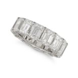 A FINE DIAMOND FULL ETERNITY RING in platinum, set all around with a row of emerald cut diamonds ...