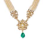 NO RESERVE - AN INDIAN DIAMOND, PEARL AND EMERALD NECKLACE in high carat yellow gold, comprising ...