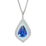 A SAPPHIRE, AQUAMARINE AND DIAMOND PENDANT NECKLACE in 18ct white gold, the pendant set with a pe...