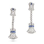 TIFFANY & CO., A FINE PAIR OF ART DECO SAPPHIRE AND DIAMOND DROP EARRINGS in platinum, each set w...