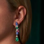 A PAIR OF EMERALD, RUBY, SAPPHIRE AND DIAMOND TUTTI FRUTTI EARRINGS in 18ct white gold, each set ...