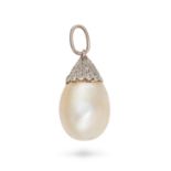 AN ANTIQUE NATURAL SALTWATER PEARL AND DIAMOND PENDANT set with a pearl drop of 16.4mm, accented ...