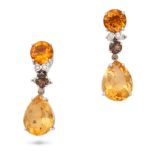 A PAIR OF CITRINE, SMOKEY QUARTZ AND DIAMOND DROP EARRINGS in 18ct white gold, each comprising a ...