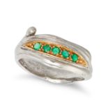 CHARLES DE TEMPLE, A MODERNIST EMERALD RING, 1977 in 18ct white and yellow gold, set with a row o...