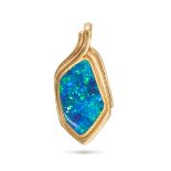 A BLACK OPAL PENDANT in 18ct yellow gold, set with a fancy shaped black opal in a stylised border...