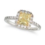 A FANCY YELLOW DIAMOND CLUSTER RING in platinum and 18ct yellow gold, set with a cushion cut fanc...