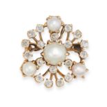 TIFFANY & CO., A FINE ANTIQUE PEARL AND DIAMOND BROOCH / PENDANT in 14ct yellow gold, set with a ...