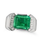 A COLOMBIAN EMERALD AND PEARL RING in platinum, set with an octagonal step cut emerald of 8.90 ca...