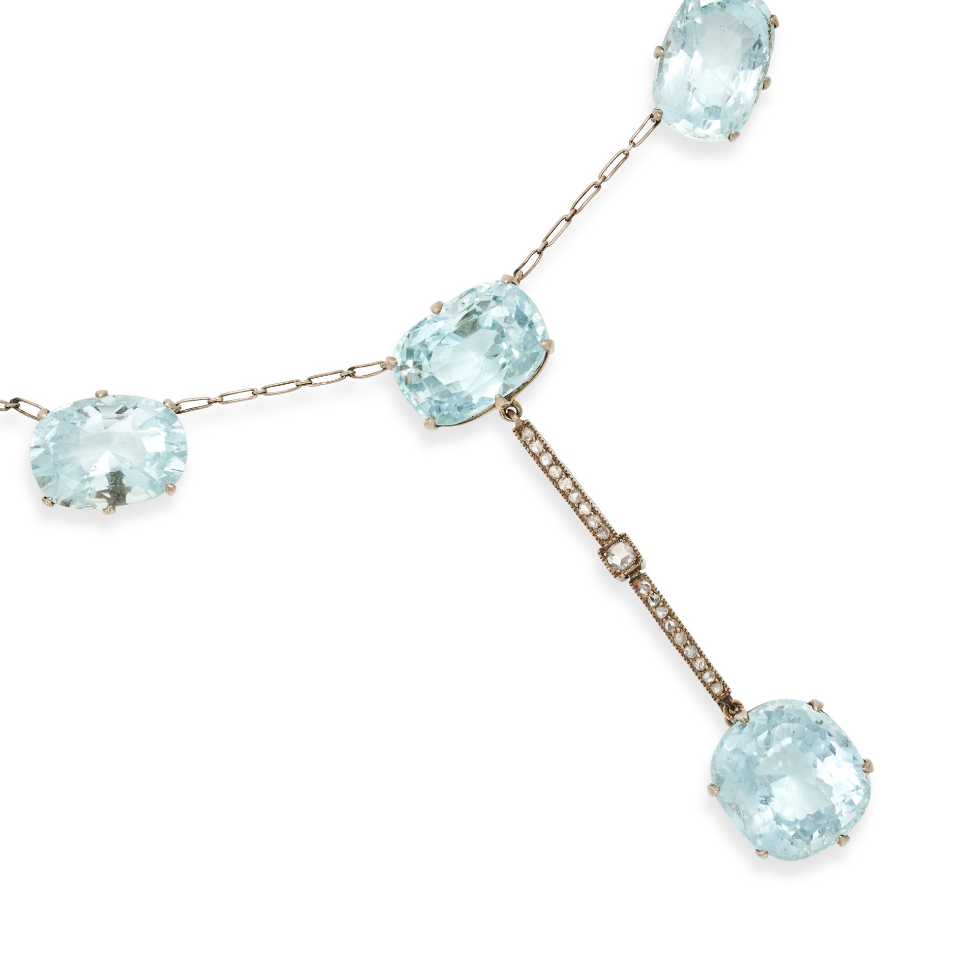 AN ANTIQUE AQUAMARINE AND DIAMOND NECKLACE the fancy link chain set with six cushion cut aquamari... - Image 2 of 3
