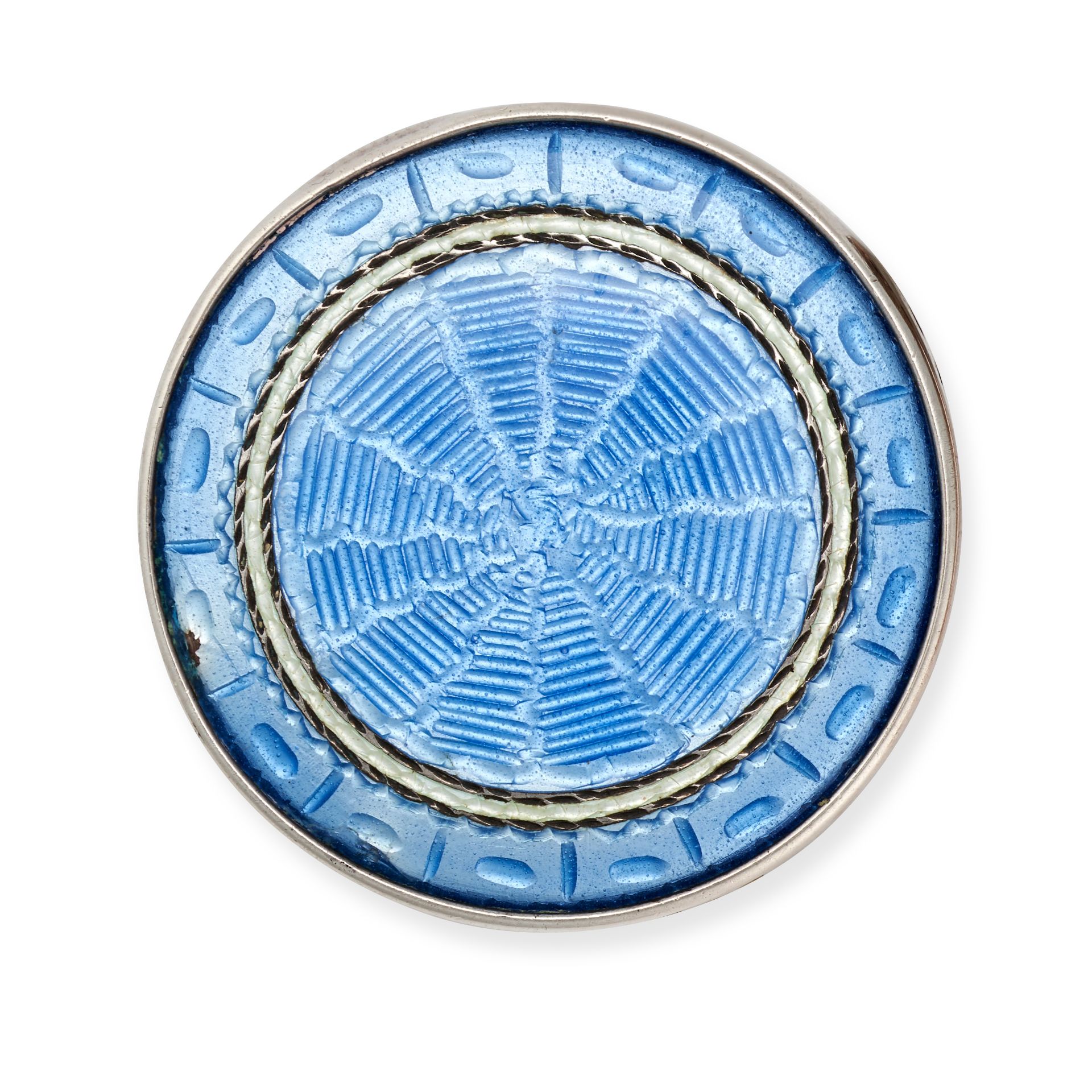 NO RESERVE - AN ANTIQUE ENAMEL BROOCH in silver, the round face decorated with light blue guilloc...