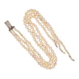 NO RESERVE - THREE STRANDS OF PEARLS comprising three rows of graduated pearls ranging from 3.6mm...