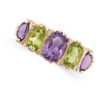 NO RESERVE - AN AMETHYST AND PERIDOT FIVE STONE RING in 9ct yellow gold, set with alternating ova...