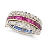 NO RESERVE - A RUBY, SAPPHIRE, AND DIAMOND REVERSIBLE RING in 18ct white gold, set to one half wi...