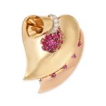 NO RESERVE - A VINTAGE RUBY AND DIAMOND LEAF BROOCH in 14ct yellow and rose gold, designed as a s...