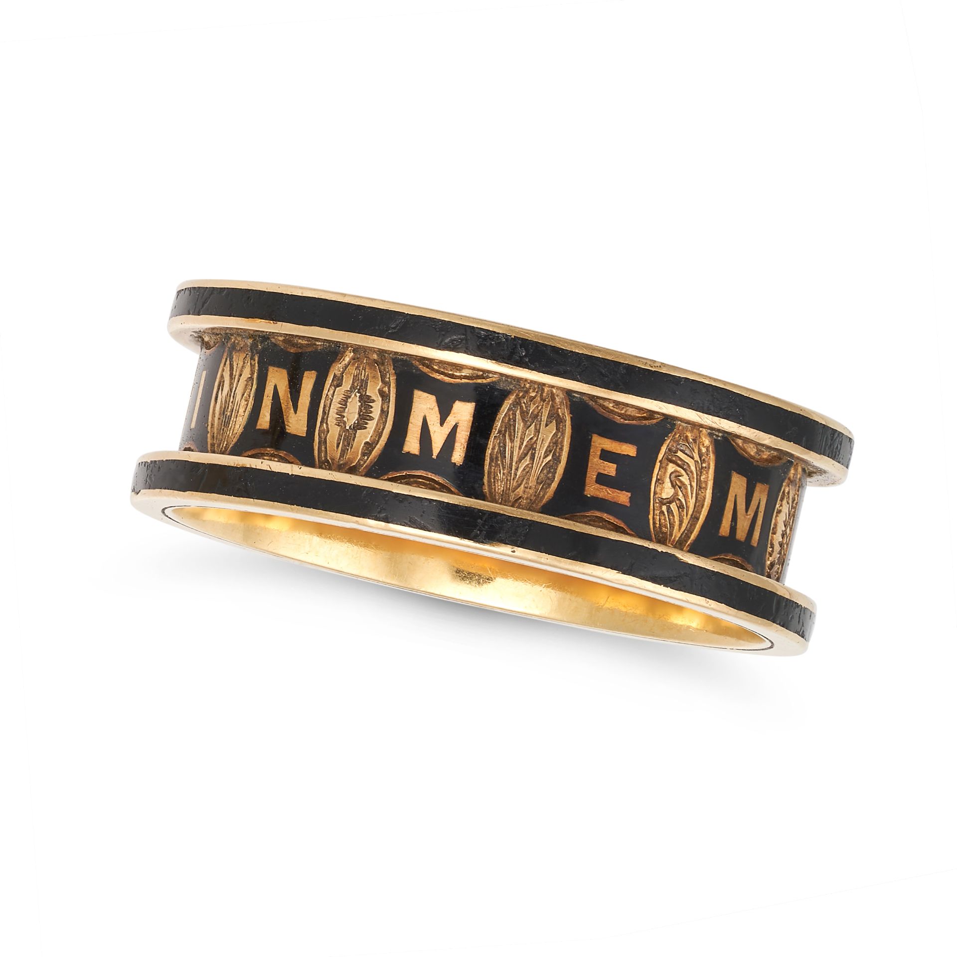 NO RESERVE - AN ANTIQUE VICTORIAN ENAMEL MOURNING RING in 18ct yellow gold, the band spelling IN ...