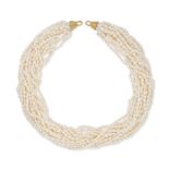 NO RESERVE - A PEARL NECKLACE in 18ct yellow gold, comprising sixteen rows of freshwater pearls, ...