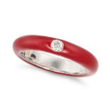 NO RESERVE - A RED ENAMEL AND DIAMOND BAND RING in 18ct white gold, the band decorated all the wa...