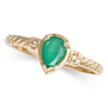 NO RESERVE - AN EMERALD AND DIAMOND RING in 14ct yellow gold, set with a pear cut emerald accente...