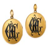NO RESERVE - A PAIR OF VICTORIAN ENAMEL MOURNING LOCKETS, 19TH CENTURY in yellow gold, each ident...
