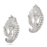 NO RESERVE - A DIAMOND BROOCH AND CLASP in platinum, each in a stylised scrolling design, set wit...