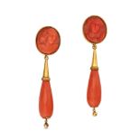 NO RESERVE - A PAIR OF CORAL CAMEO DROP EARRINGS in 18ct yellow gold, each set with a coral cameo...