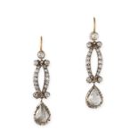 NO RESERVE - A PAIR OF ANTIQUE DIAMOND DROP EARRINGS, 19TH CENTURY AND LATER in yellow gold and s...