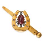 NO RESERVE - AN ANTIQUE VICTORIAN GARNET AND PEARL HORSESHOE BROOCH, 19TH CENTURY in yellow gold,...