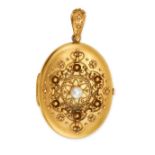 NO RESERVE - AN ANTIQUE PEARL LOCKET PENDANT in yellow gold, the hinged oval locket set with a pe...