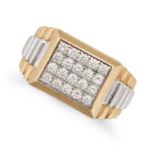 NO RESERVE - A DIAMOND RING in 18ct yellow and white gold, the rectangular face set with round br...